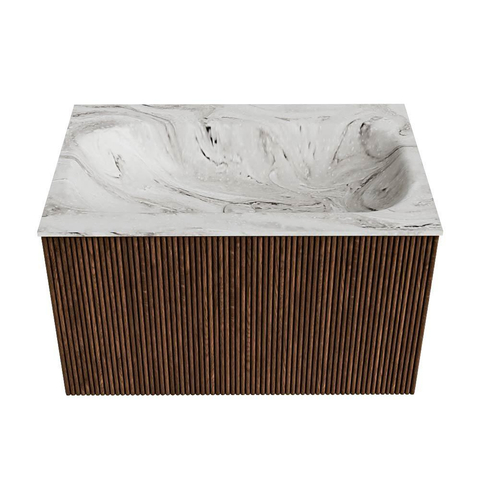 MONDIAZ KURVE-DLUX Meuble de salle de bains 70cm couleur Walnut avec 1 tiroir. Lavabo BIG SMALL central 1 trou de robinet couleur Glace. SW1138039