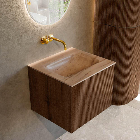 MONDIAZ KURVE-DLUX Meuble de salle de bains 50 cm couleur Walnut avec 1 tiroir et 0 porte. Lavabo GRUNNE central sans trou de robinet Saba. SW1433134