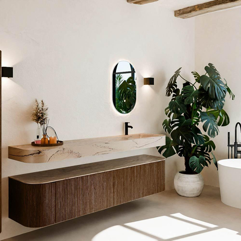 MONDIAZ THOR-DLUX 200cm meuble de salle de bains arrondi gauche + droite couleur Walnut avec 2 tiroirs et 2 portes. Vasque suspendue CLOUD Droite 1 trou de robinet couleur Arena. SW1467066