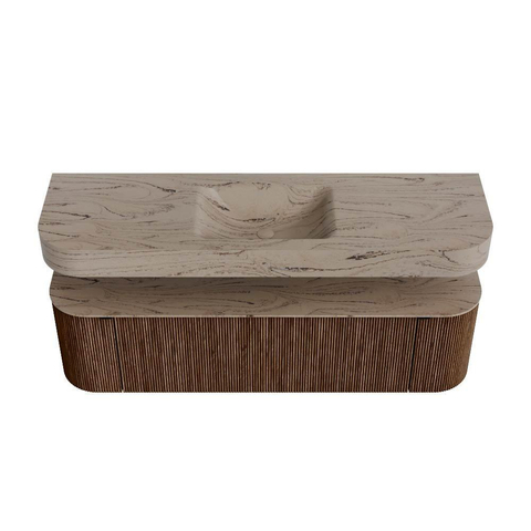 MONDIAZ THOR-DLUX 160cm badmeubel ronding links + rechts kleur Walnut met 1 lade en 2 deuren. Vrijhangende wastafel CLOUD Midden zonder kraangat kleur Arena. SW1465099