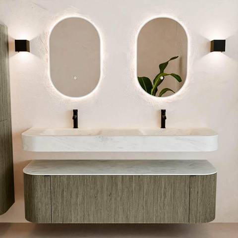 MONDIAZ THOR-DLUX 160cm badmeubel ronding links + rechts kleur Shadow met 1 lade en 2 deuren. Vrijhangende wastafel CLOUD Dubbel 2 kraangaten kleur Opalo. SW1465084