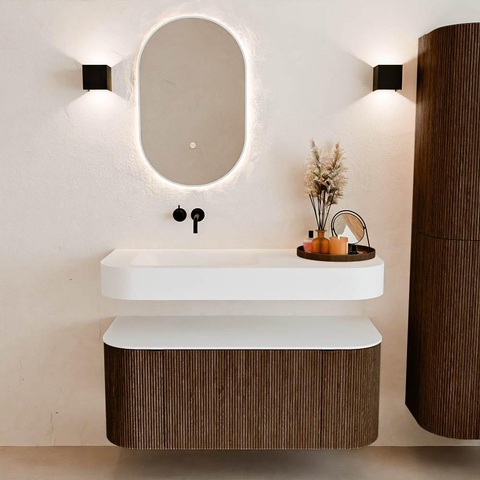 MONDIAZ THOR Meuble de salle de bains 110cm arrondi gauche + droite couleur Walnut avec 1 tiroir et 2 portes. Vasque suspendue CLOUD gauche sans trou de robinet couleur Talc. SW1462744