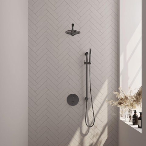BRAUER Gunmetal Carving thermostatische Inbouw Regendouche - 3-weg - rond - set 85 - 20cm hoofddouche - rechte muurarm - staaf handdouche - doucheslang - geïntegreerde glijstang - gunmetal geborsteld PVD SW1159147