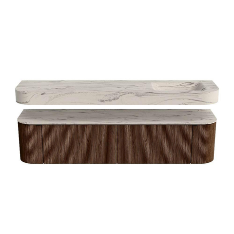 MONDIAZ THOR-DLUX 190cm meuble de salle de bains arrondi gauche + droite couleur Walnut avec 2 tiroirs et 2 portes. Vasque suspendue CLOUD Droite sans trou de robinet couleur Nata. SW1466771