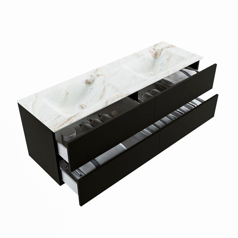 MONDIAZ VICA-DLUX Ensemble meuble de salle de bains - 150cm - meuble bas Urban - 4 tiroirs - vasque encastrée Cloud double - sans trous de robinet - version haute 60cm - Frappe SW1088693