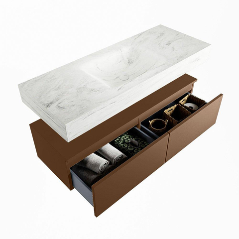 Mondiaz ALAN-DLUX Ensemble de meuble - 120cm - meuble Rust mat - 2 tiroirs - Lavabo Cloud Opalo suspendu - vasque Centre - 0 trous de robinet SW806724