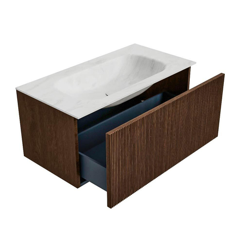 MONDIAZ KURVE-DLUX 90cm badmeubel kleur Walnut met 1 lade. Wastafel BIG SMALL midden 1 kraangat kleur Opalo. SW1137663