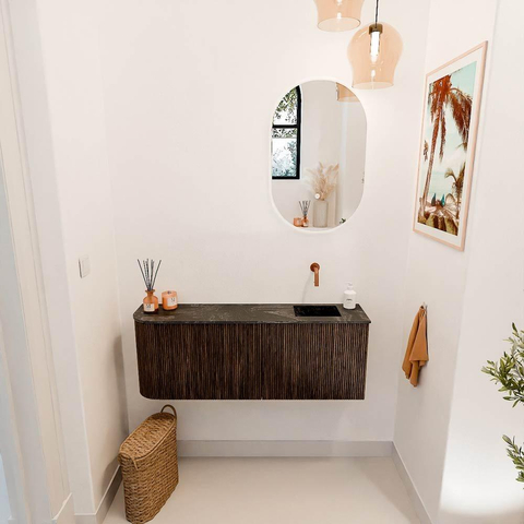 Mondiaz JOYA-DLUX Meuble de salle de bains 111.6cm - arrondi gauche couleur Walnut - Vasque FAYE position Droite Sans trou de robinet couleur Lava SW1422498