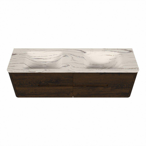 Mondiaz CIRO-DLUX Ensemble de meubles de salle de bains - 160x45x50cm - plan de toilette en solid surface Nata - 2 vasques Double - sans trous de robinetterie - 4 tiroirs - Noyer SW1530591