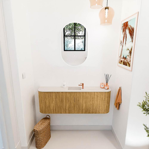 Mondiaz JOYA-DLUX 123.2cm toiletmeubel - ronding links en rechts kleur Oak - Wastafel FAYE positie Midden 1 kraangat kleur Meli. SW1423983