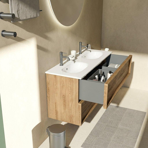 Saniclass Holz Frame Ensemble meuble de salle de bains - 120x45x40cm - lavabo en céramique blanc - 2 vasques - 2 trous de robinetterie - 2 tiroirs - chêne natural mat (bois) SW1579906