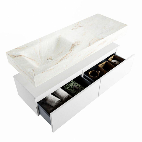 Mondiaz ALAN-DLUX Ensemble de meuble - 130cm - meuble Talc mat - 2 tiroirs - Lavabo Cloud Frappe suspendu - vasque Gauche - 0 trous de robinet SW804781
