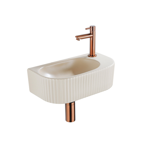 Fugaflow Efficiente Pietra Ensemble de fontaine - 40x21,5x12cm - droite - rainuré - demi-ronde - 1 trou de robinet - céramique - robinet de fontaine cuivre brossé - bouchon de vidange - siphon abaissé - beige SW1443525
