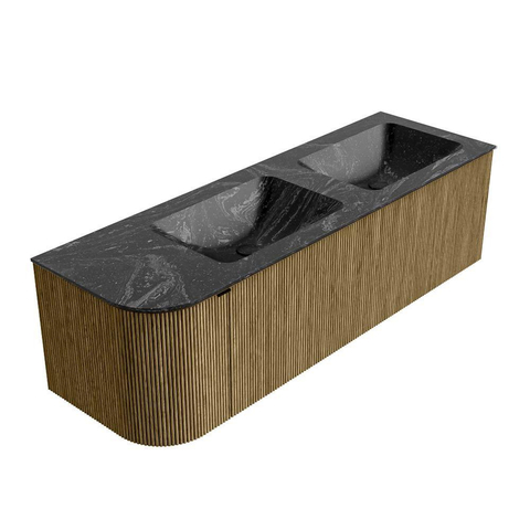 Mondiaz KURVE-DLUX Ensemble de meubles de salle de bains - 145x46x40cm - 1 tiroir - 1 porte - lavabo solid surface - double / droite - 2 trous de robinet - Dusk SW1415556