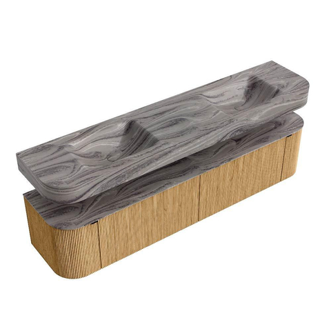 MONDIAZ THOR-DLUX 200cm badmeubel ronding links + rechts kleur Oak met 2 lades en 2 deuren. Vrijhangende wastafel CLOUD Dubbel zonder kraangat kleur Sombra. SW1467251