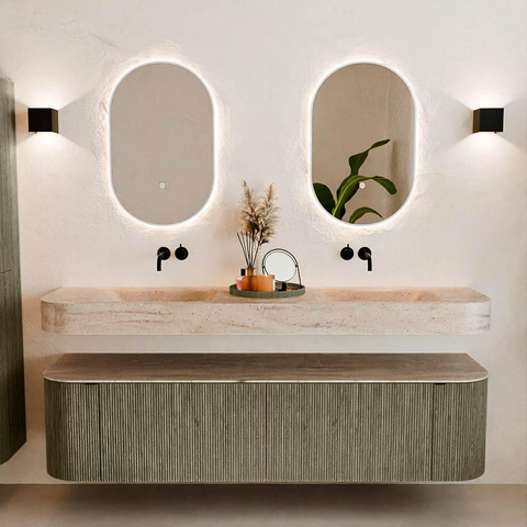 MONDIAZ THOR-DLUX Meuble de salle de bains 180cm arrondi gauche + droite couleur Shadow avec 2 tiroirs et 2 portes. Vasque suspendue CLOUD Double sans trou de robinet couleur Saba. SW1466260