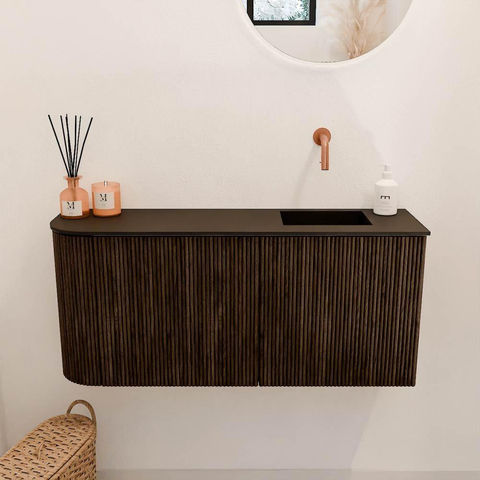 Mondiaz JOYA 91.6cm meuble de salle de bains - arrondi gauche couleur Walnut - Vasque FAYE position Droite Sans trou de robinet couleur Urban. SW1421485