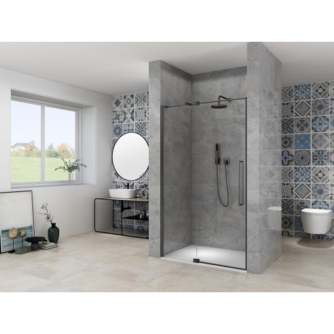 Van Rijn Products ST08 Porte pivotante de niche - 140x200cm - verre clair - épaisseur 8mm - 2 parties - profil mural - barre de stabilisation - Noir SW956350