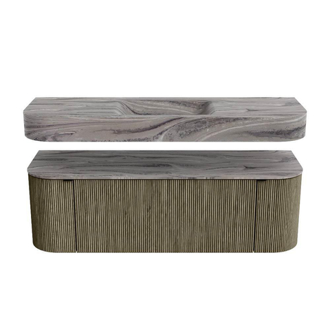 MONDIAZ THOR-DLUX 140cm badmeubel ronding links + rechts kleur Shadow met 1 lade en 2 deuren. Vrijhangende wastafel CLOUD Midden zonder kraangat kleur Sombra. SW1464225