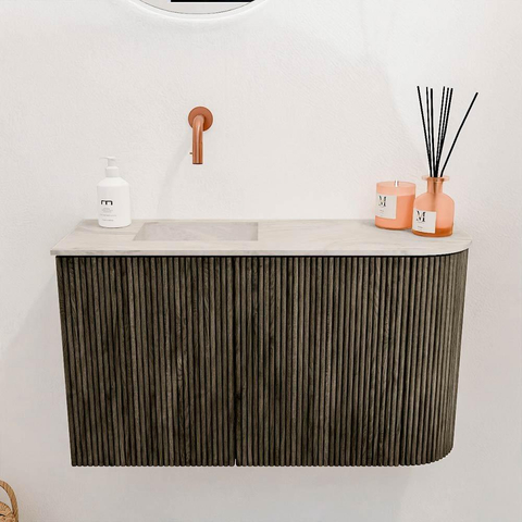 Mondiaz JOYA-DLUX 71.6cm toiletmeubel - ronding rechts kleur Shadow - Wastafel FAYE positie Links Zonder kraangat kleur Ostra. SW1423064