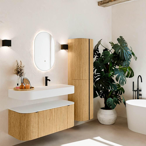 MONDIAZ THOR 110cm badmeubel ronding links + rechts kleur Oak met 1 lade en 2 deuren. Vrijhangende wastafel CLOUD Rechts 1 kraangat kleur Talc. SW1462725