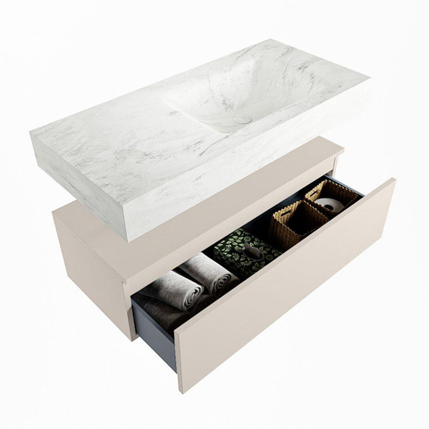 Mondiaz ALAN-DLUX Ensemble de meuble - 100cm - meuble Linen mat - 1 tiroir - Lavabo Cloud Opalo suspendu - vasque Droite - 0 trous de robinet SW806472