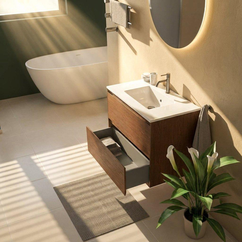 Saniclass Holz Pure Ensemble de meubles de salle de bains - 80x45x62cm - lavabo Vygo en céramique blanc - 1 vasque - 1 trou de robinet - 2 tiroirs - noyer pure mat (bois) SW1479449