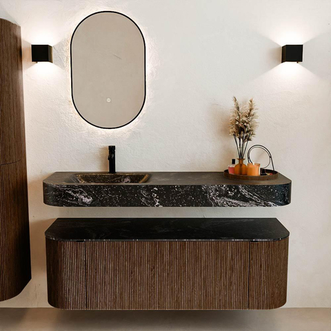MONDIAZ THOR-DLUX 140cm meuble de salle de bains arrondi gauche + droite couleur Walnut avec 1 tiroir et 2 portes. Vasque suspendue CLOUD gauche 1 trou de robinet couleur Lava. SW1463971