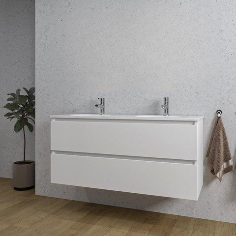 Adema Chaci Badkamermeubelset - 120x46x57cm - 2 ovale keramische wasbakken wit - 2 kraangaten - 2 lades - mat wit SW721287