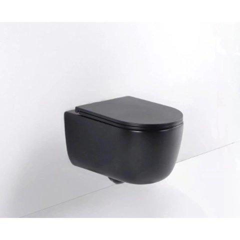 QeramiQ Dely Swirl Toiletset - 36.5x 53cm - Grohe Rapid inbouwreservoir - slim zitting - witte bedieningsplaat - rechthoekige knoppen - matte black (mat zwart) SW1130187