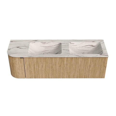 MONDIAZ KURVE-DLUX 145cm meuble de salle de bains arrondi gauche couleur Oak avec 1 tiroir et 1 porte. Lavabo LEAF Double / Droite 2 trous de robinet Nata. SW1432119