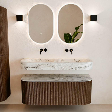 MONDIAZ THOR-DLUX 120cm badmeubel ronding links + rechts kleur Walnut met 1 lade en 2 deuren. Vrijhangende wastafel CLOUD Dubbel zonder kraangat kleur Glace. SW1463207