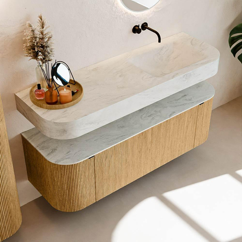 MONDIAZ THOR-DLUX 140cm meuble de salle de bains arrondi gauche + droite couleur Oak avec 1 tiroir et 2 portes. Vasque suspendue CLOUD droite sans trou de robinet couleur Opalo. SW1463955