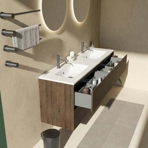 Saniclass Holz Atelier Ensemble de meubles de salle de bains - 160x45x62cm - Vygo lavabo en céramique blanc - 2 vasques - 2 trous de robinet - 4 tiroirs - chêne charcoal mat (bois) SW1478938