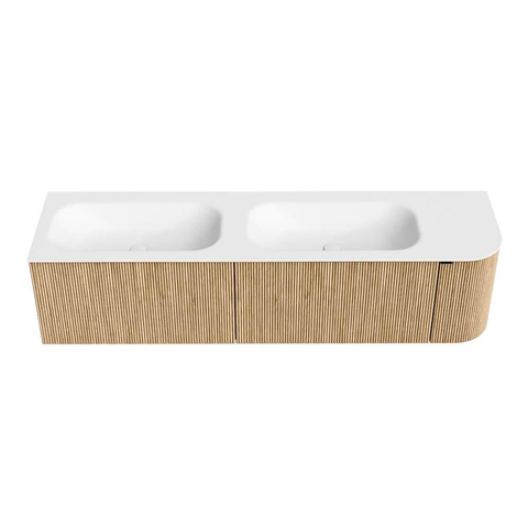 MONDIAZ KURVE Meuble de salle de bains 175 cm avec module 25 R couleur Oak avec 2 tiroirs et 1 porte. Lavabo BIG SMALL double / gauche 2 trous de robinet Talc. SW1138244