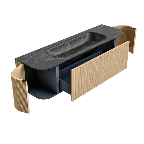 MONDIAZ KURVE-DLUX Meuble de salle de bains 160cm avec module 25 Len R couleur Chêne avec 1 tiroir et 2 portes. Lavabo BIG MEDIUM central 1 trou de robinet couleur Lava. SW1137179