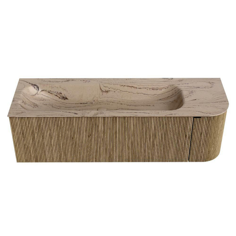 MONDIAZ KURVE-DLUX Meuble de salle de bains 145cm arrondi à droite couleur Dusk avec 1 tiroir et 1 porte. Lavabo BIG LARGE à gauche sans trou de robinet Arena. SW1431384