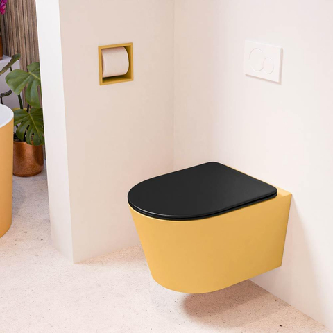 Mondiaz LAVIE hangtoilet – spoelrandloos – 36 x 53 cm – met softclose zitting – Ocher (geel), zitting Urban (zwart) SW1208745