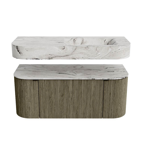 MONDIAZ THOR-DLUX 110cm badmeubel ronding links + rechts kleur Shadow met 1 lade en 2 deuren. Vrijhangende wastafel CLOUD Rechts 1 kraangat kleur Glace. SW1462889