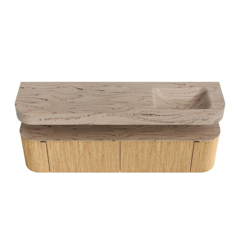 MONDIAZ THOR-DLUX 180cm badmeubel ronding links + rechts kleur Oak met 2 lades en 2 deuren. Vrijhangende wastafel CLOUD Rechts zonder kraangat kleur Arena. SW1466109