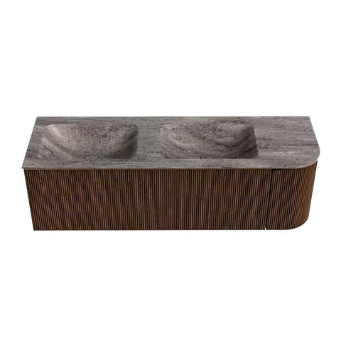 MONDIAZ KURVE-DLUX Meuble de salle de bains 145cm arrondi à droite couleur Walnut avec 1 tiroir et 1 porte. Lavabo LEAF Double / à gauche sans trou de robinet Oza. SW1432463