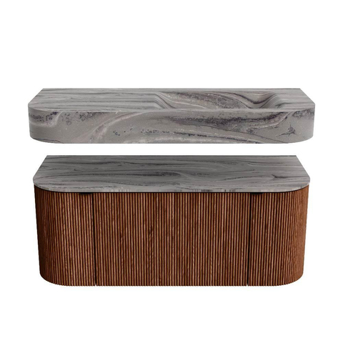 MONDIAZ THOR-DLUX 110cm badmeubel ronding links + rechts kleur Ruby met 1 lade en 2 deuren. Vrijhangende wastafel CLOUD Rechts zonder kraangat kleur Sombra. SW1463052