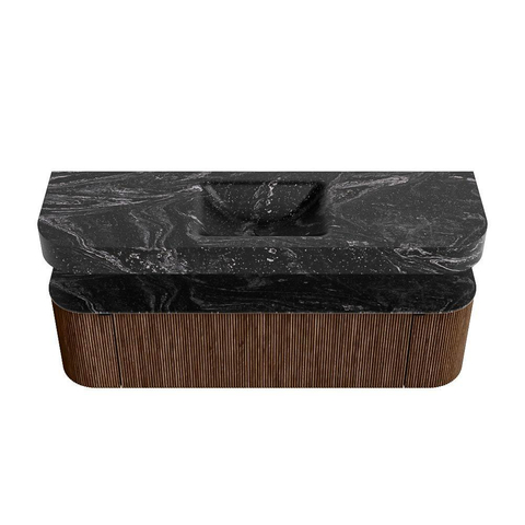 MONDIAZ THOR-DLUX 160cm badmeubel ronding links + rechts kleur Walnut met 1 lade en 2 deuren. Vrijhangende wastafel CLOUD Midden zonder kraangat kleur Lava. SW1465002