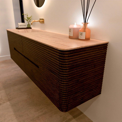 Mondiaz CIRO-DLUX Meuble de salle de bains - 170x45x50cm - Plan vasque Solid surface Saba - 1 lavabo à gauche - sans trous de robinetterie - 4 tiroirs - Noyer SW1530909