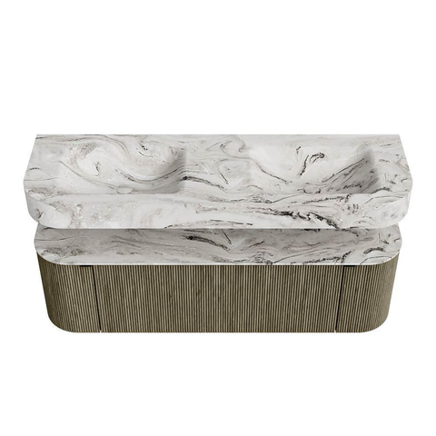 MONDIAZ THOR-DLUX 150cm meuble de salle de bains arrondi gauche + droite couleur Shadow avec 1 tiroir et 2 portes. Vasque suspendue CLOUD Double 2 trous de robinet couleur Glace. SW1467672