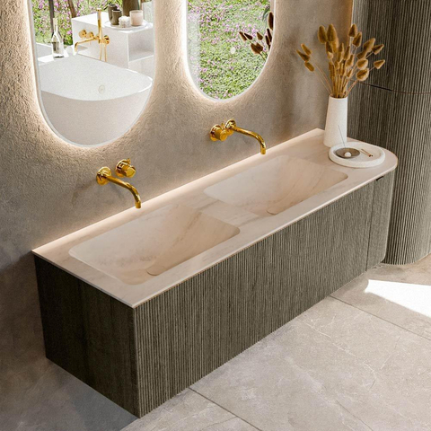MONDIAZ KURVE-DLUX Meuble de salle de bains 145cm arrondi à droite couleur Shadow avec 1 tiroir et 1 porte. Lavabo LEAF Double / Gauche sans trou de robinet Meli. SW1431823