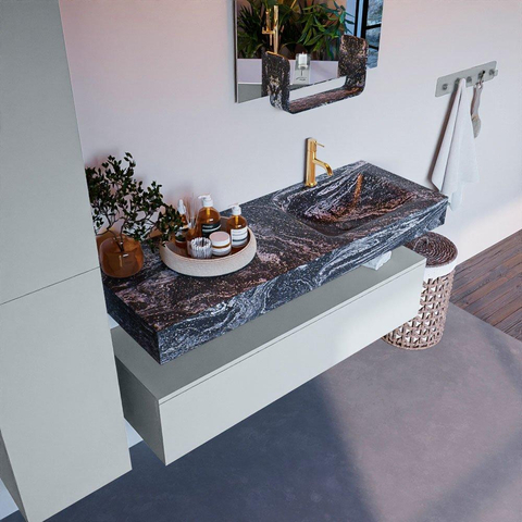 Mondiaz ALAN-DLUX Ensemble de meuble - 130cm - meuble Clay mat - 1 tiroir - Lavabo Cloud Lava suspendu - vasque Droite - 1 trou de robinet SW808537