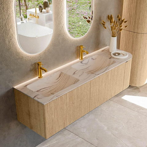 MONDIAZ KURVE-DLUX Meuble de salle de bains 155cm arrondi à droite couleur Chêne avec 2 tiroirs et 1 porte. Lavabo LEAF Double / Gauche 2 trous de robinet Nata. SW1432135