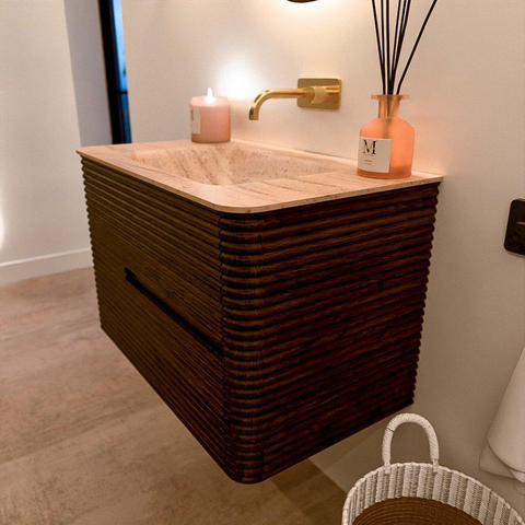 Mondiaz CIRO-DLUX Badkamermeubelset - 80x45x50cm - Solid surface wastafel Saba - 1 wasbak Midden - zonder kraangaten - 2 lades - Walnut SW1530653