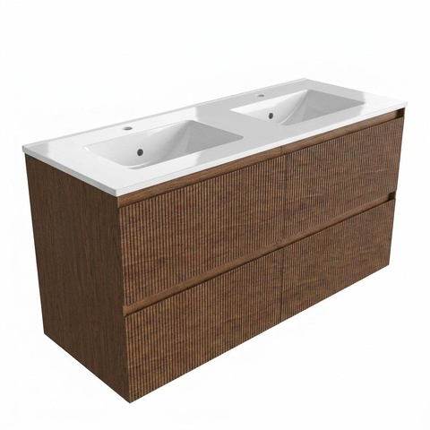 Saniclass Holz Atelier Badkamermeubelset - 120x45x60cm - keramische wastafel wit - 2 wasbakken - 2 kraangaten - 2 lades - Walnut pure SW1441845